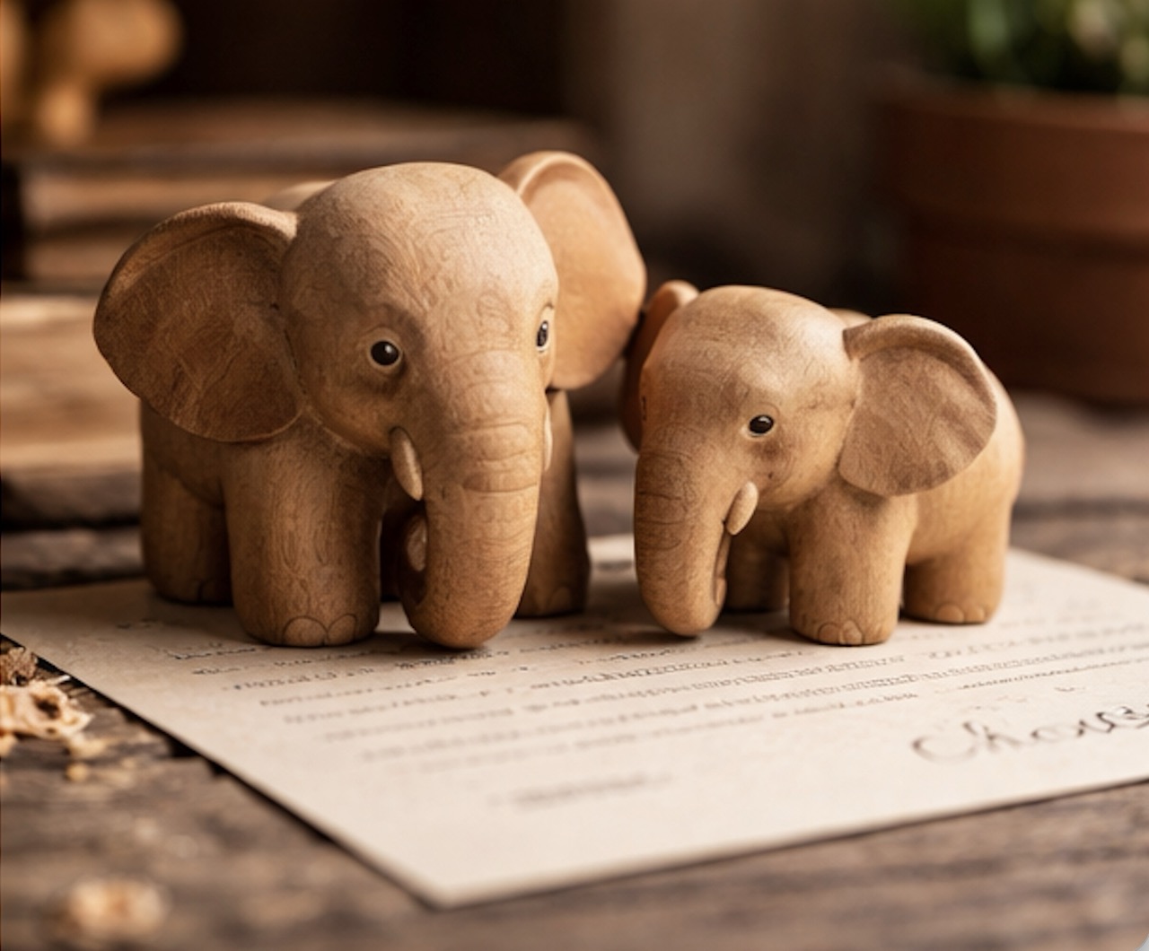 Detailed wooden elephant figures with smooth finish